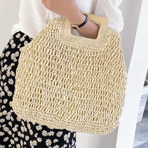 Boho straw large tote top handle summer bag - Picture 4 of 16